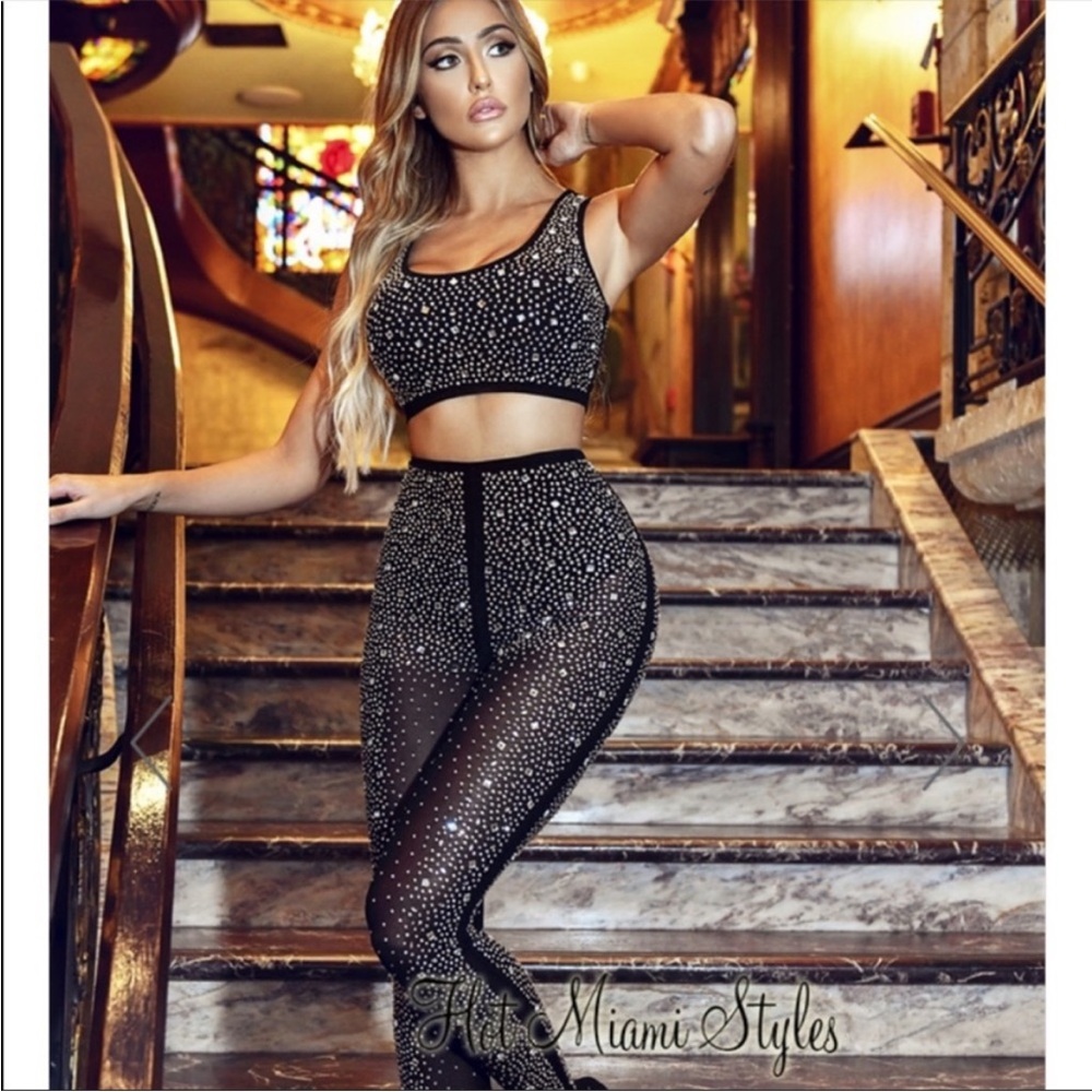 New Hot Miami Styles rhinestone embellished pants set size S Black